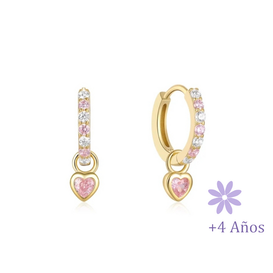 AROS ARGOLLA CORAZÓN CIRCONES ROSA CHAPADO EN ORO