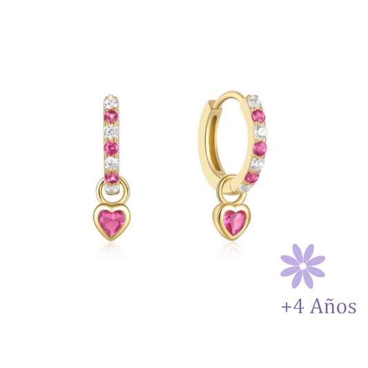 AROS ARGOLLA CORAZÓN CIRCONES FUCSIA CHAPADO EN ORO