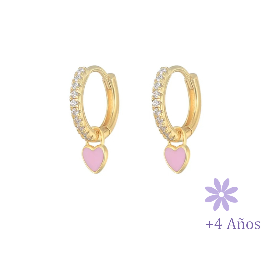 AROS ARGOLLA CORAZÓN ESMALTADO ROSA Y CIRCONES CHAPADO EN ORO
