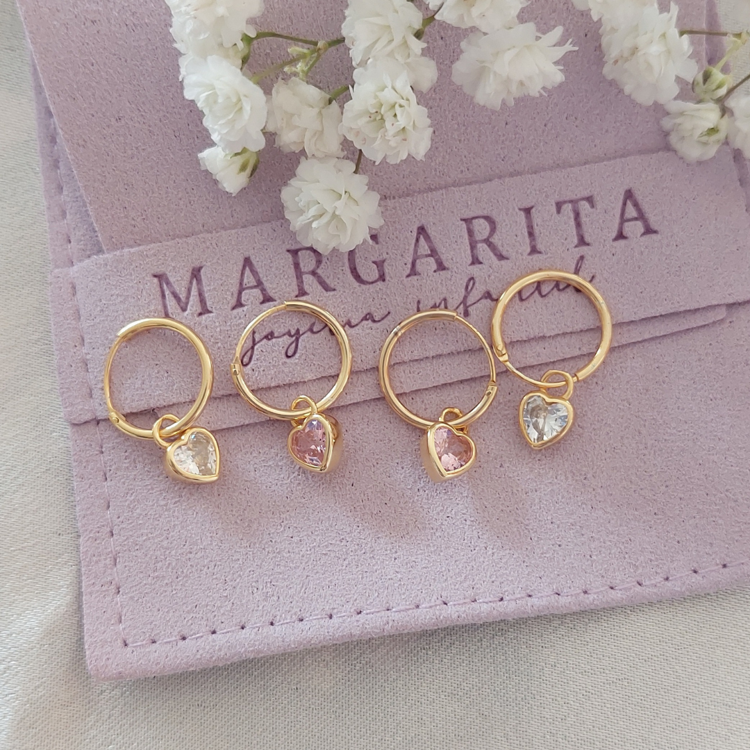 AROS ARGOLLA CORAZÓN COLGANTE CIRCÓN BLANCO CHAPADO EN ORO