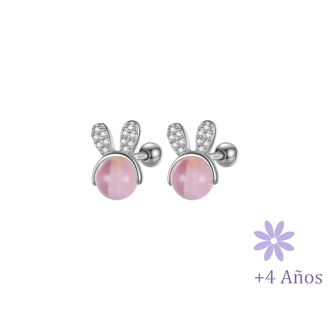 AROS CONEJO PIEDRA ROSA Y CIRCONES PLATA TORNILLO ROSCO