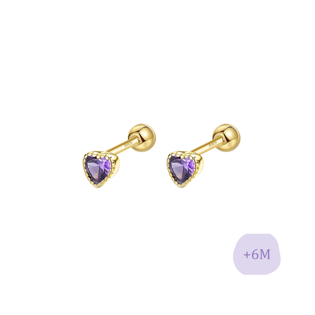 AROS CORAZÓN CIRCÓN MORADO PLATA 925 CHAPADO EN ORO TORNILLO ROSCO