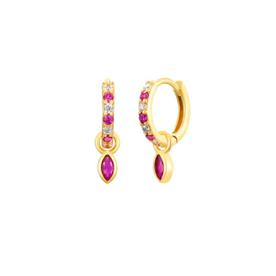AROS ARGOLLA LÁGRIMA CIRCONES FUCSIA CHAPADO EN ORO