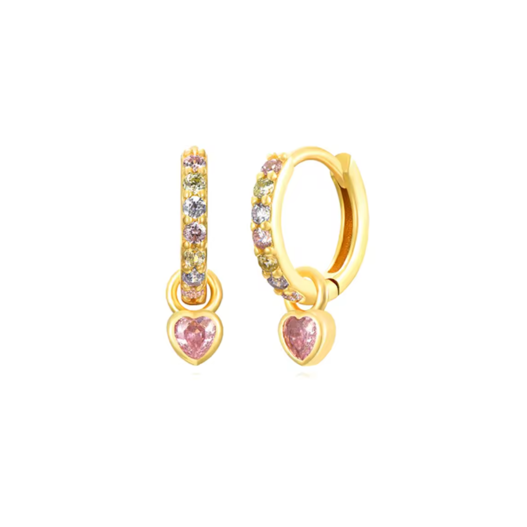 AROS ARGOLLA CORAZÓN GRANDE CIRCONES ROSA CHAPADO EN ORO