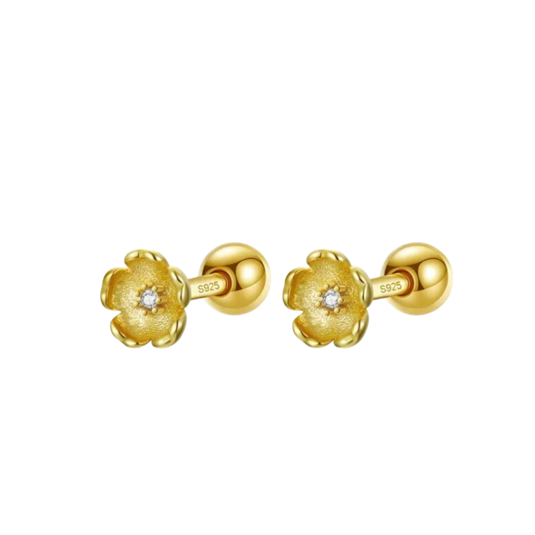 AROS FLOR PLATA 925 CHAPADO EN ORO Y CIRCÓN TORNILLO ROSCO