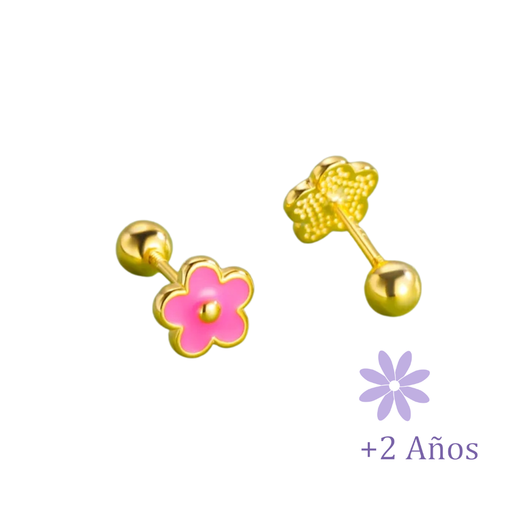 AROS FLOR FUCSIA CHAPADO EN ORO TORNILLO ROSCO