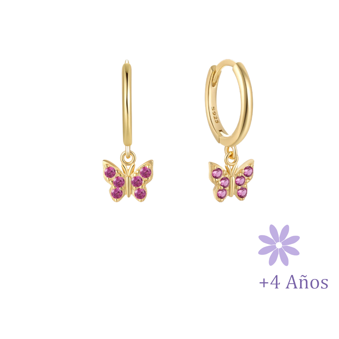 AROS ARGOLLA MARIPOSA CIRCONES FUCSIA CHAPADO EN ORO