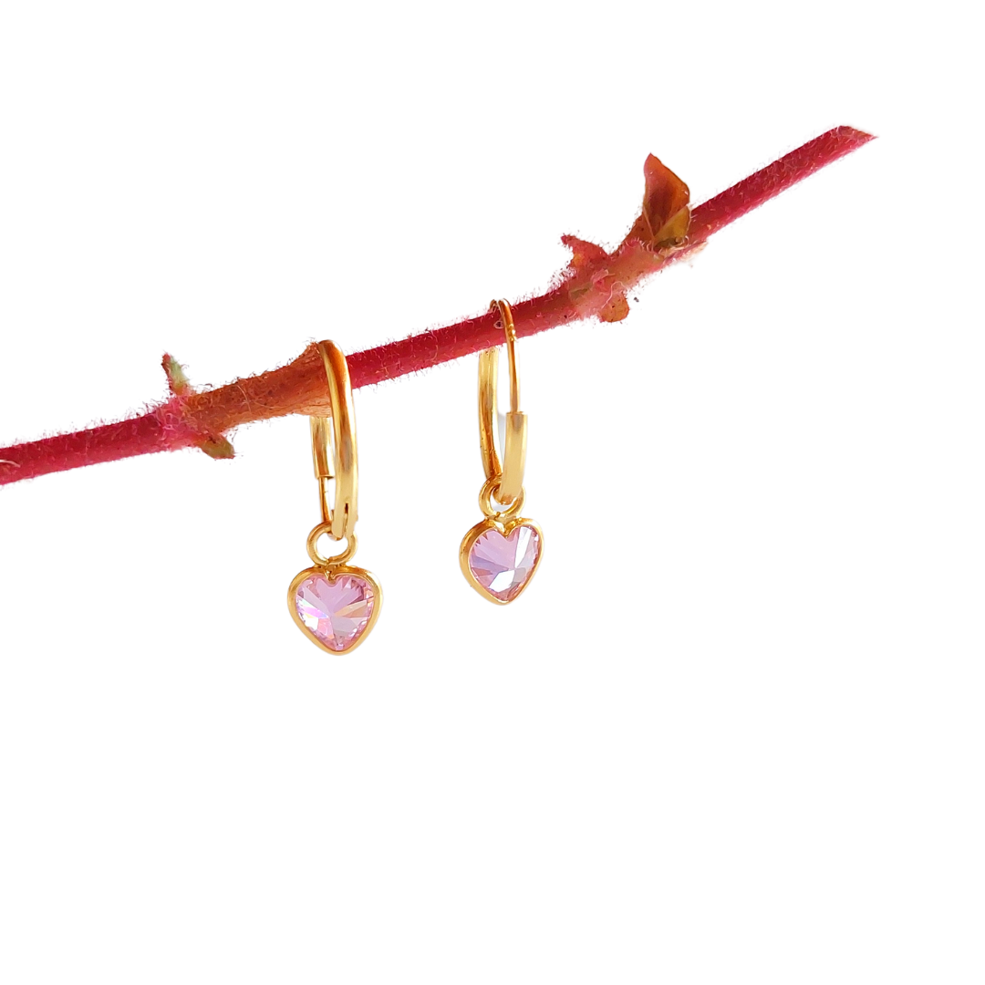AROS CORAZÓN COLGANTE CIRCÓN ROSA CHAPADO EN ORO - MARGARITA JOYERIA INFANTIL