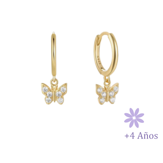 AROS ARGOLLA MARIPOSA CIRCONES BLANCO CHAPADO EN ORO