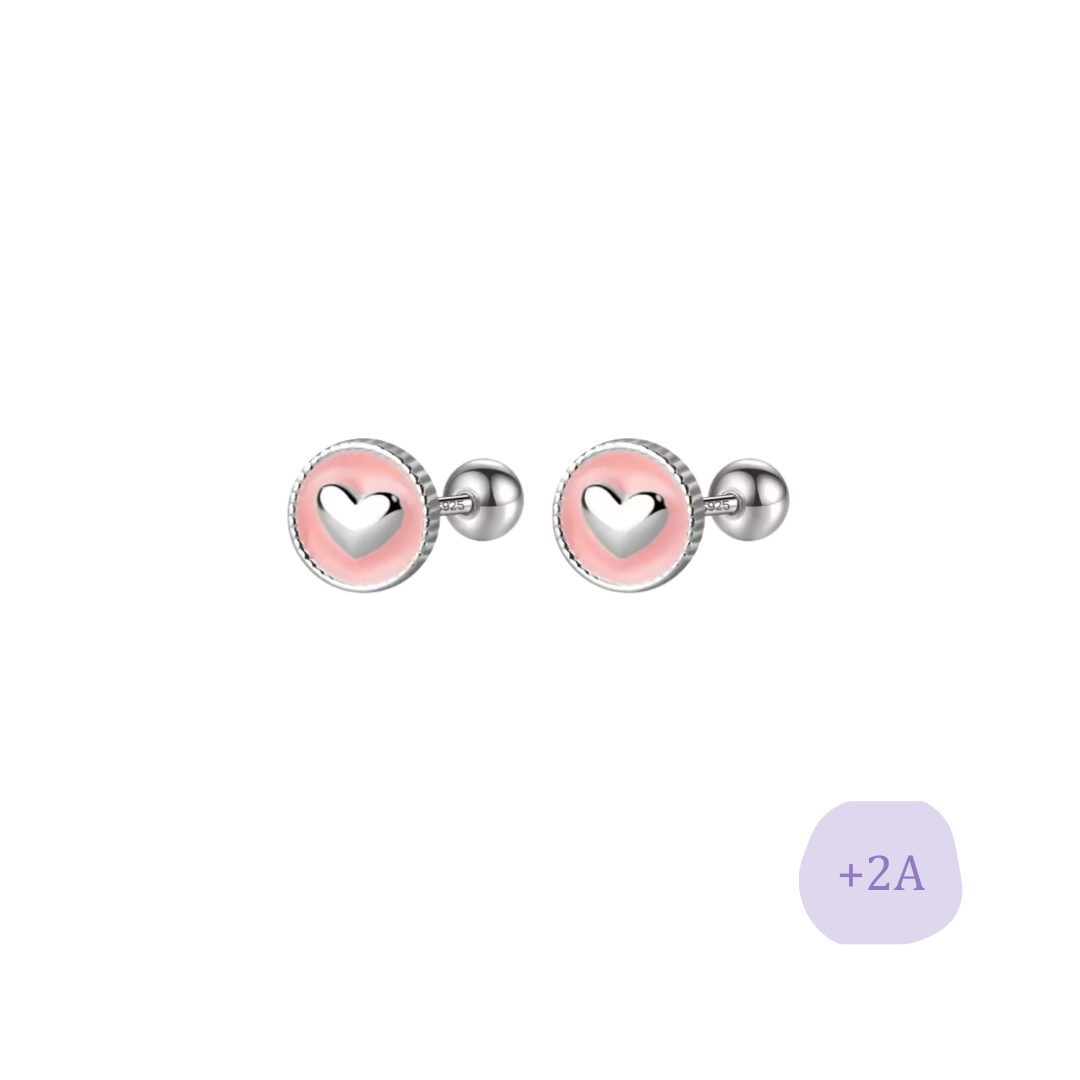 AROS CORAZÓN EN CÍRCULO ROSA TORNILLO ROSCO PLATA