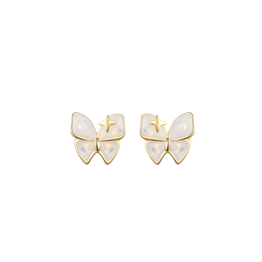 AROS MARIPOSA ESMALTE BLANCO BRILLOS CHAPADO ORO TORNILLO CLÁSICO