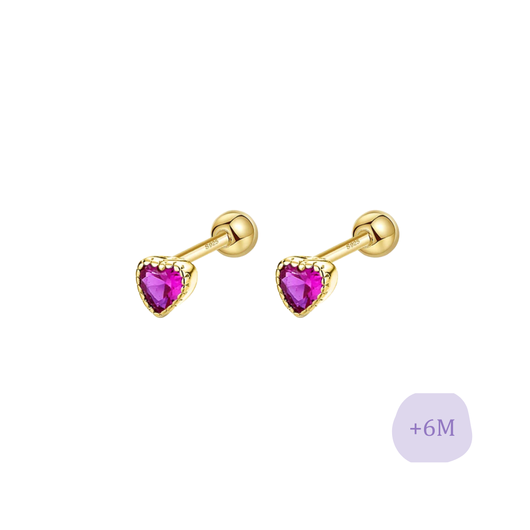 AROS CORAZÓN CIRCÓN FUCSIA PLATA 925 CHAPADO EN ORO TORNILLO ROSCO