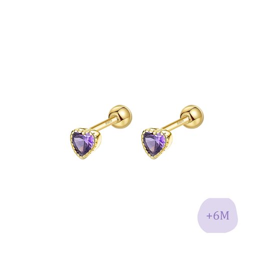 AROS CORAZÓN CIRCÓN MORADO PLATA 925 CHAPADO EN ORO TORNILLO ROSCO