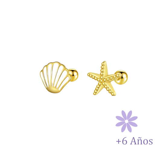 AROS CONCHITA Y ESTRELLITA DE MAR ORO TORNILLO ROSCO