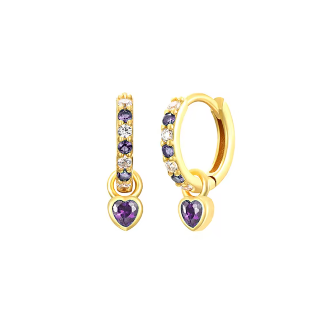 AROS ARGOLLA CORAZÓN GRANDE CIRCONES LILA CHAPADO EN ORO