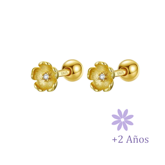 AROS FLOR PLATA 925 CHAPADO EN ORO Y CIRCÓN TORNILLO ROSCO