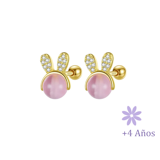 AROS CONEJO PIEDRA ROSA Y CIRCONES CHAPADO EN ORO TORNILLO ROSCO